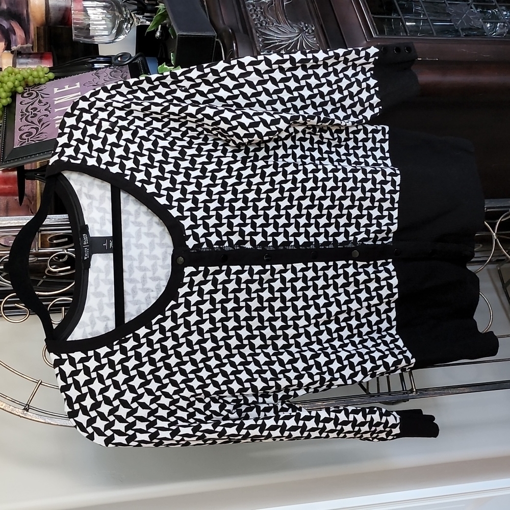 White House Black Market Geometric Black Snap Sweater